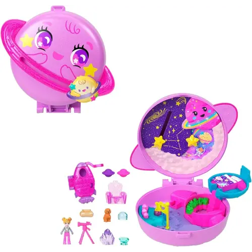 Polly Pocket Dolls and Playset, Planet Polly Outer Space Compact, Travel Toy with 1 Micro Doll, Pet Puppy & Themed Accessories