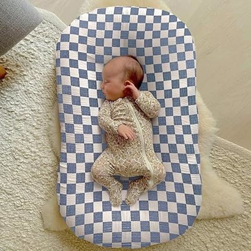 guruixu Muslin Baby Lounger Cover 2 Pack, 100% Cotton Infant Lounger Cover, Soft & Breathable Replacement Slipcover, Compatible with Snuggle Me Newborn Lounger (Tradewinds,Tradewinds Check)