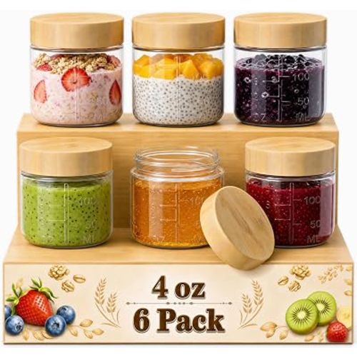 4 oz Small Glass Salad Dressing Containers with Bamboo Lids, 6 Pack