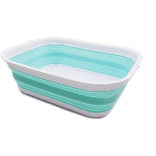 SAMMART 12L (3.17 Gallon) Collapsible Tub - Foldable Dish Tub - Portable Washing Basin - Space Saving Plastic Washtub (1, White/Lake Green)