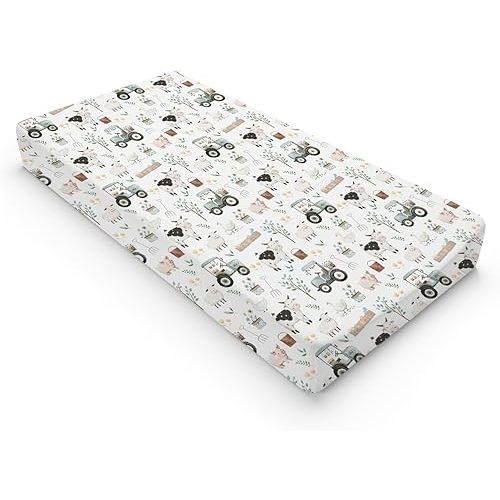 Boho Farm Animals Life Baby Changing Pad Covers for Boy Girl 32''x16'' Cow Pig Lamb Duck Truck Leaves Fitted Diaper Change Table Mats Spring Farm Planting Soft Breathable Cradle & Bassinet Sheets