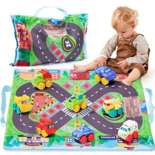 Joyfy 8 PCS Rubber Cartoon Cars with Play Mat, Mini Bath Toy Car for Toddlers, Boy Toys Birthday Gift, Party Favors for Kids Toddlers 2 3+ Year Old