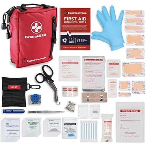 Surviveware 98 Pcs Comprehensive Premium Survival First Aid Kit - Medical Emergency Kit for Travel Camping Gear, Home Essentials & Outdoor Emergencies - HSA & FSA Eligible Survival Kit