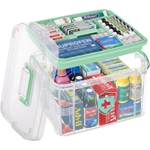 15QT Medicine Organizer Box, Large Medicine Storage Box with Layered Compartments, Portable First Aid Box for Home, Dorm, Travel, Medicine Cabinet Organizer for College Dorm Student