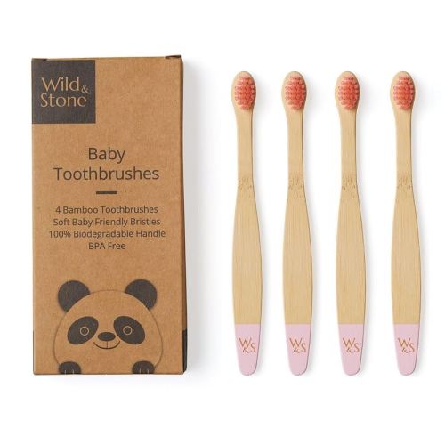 Wild & Stone Organic Baby Bamboo Toothbrushes | 4 Pack | Soft Bristles | 100% Compostable Handle | BPA Free | Vegan Baby Toothbrushes (Baby Pink)
