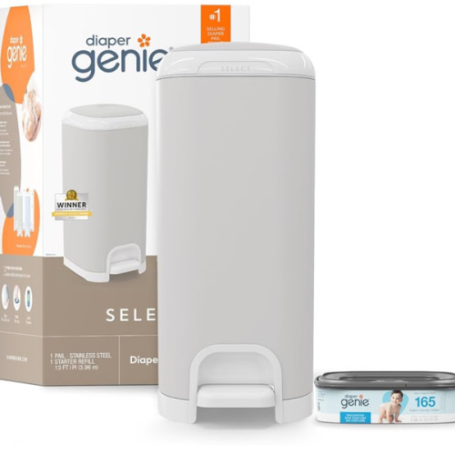Diaper Genie Select Pail (Grey) is Made of Durable Stainless Steel and Includes 1 Starter Square Refill That can Hold up to 165 Newborn-Sized Diapers.