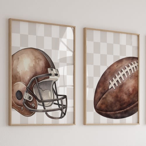 Vintage Watercolor Football Art Prints: Boys Sports Bedroom Decor, Set of 2