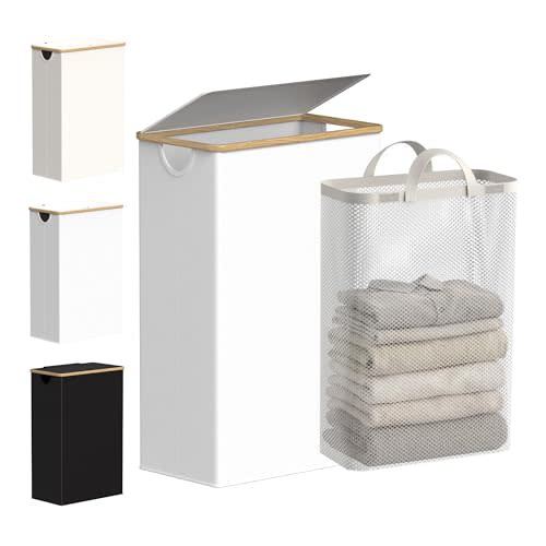 efluky Slim Laundry Basket with Lid, Narrow Laundry Hamper with Removable Bag, Skinny Dirty Clothes Basket with Bamboo Handles for Bathroom, Bedroom & Laundry Room, 75L White