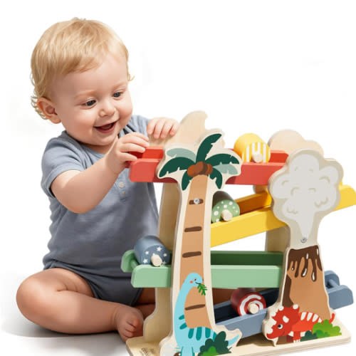 Lehoo Castle Wooden Car Ramp Toys for 1 Year Old Boy Birthday Gifts, Dinosaur Montessori Toys for 1 2 Year Old, Wooden Race Track with 4 Rollers Toddler Toys for 2 Year Old Boy