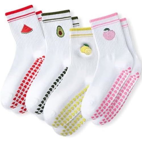 Grip Socks Pilates,4/6Pairs Cotton Cute Pilates Socks for Women, Ruffle Grippy Sock for Yoga Barre Hospital 5-10in