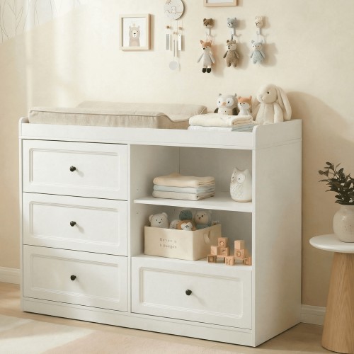 Nordee Changing Table Dresser, Baby Nursery Dresser with 4 Drawers and 2 Adjustable Shelves, Wooden Baby Diaper Changing Station, White