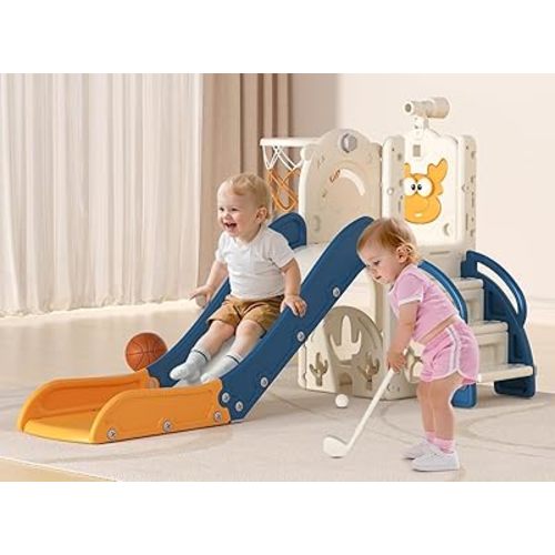 BIERUM Toddler Slide for Kids,6-in-1 Indoor Outdoor Toddler Slides Playground with Basketball Hoop, Golf Game & Telescope, L-Shaped Baby Slide Climber Playset, Blue&Yellow