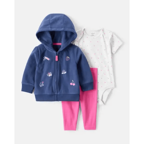 Baby Girl 3-Piece Art Print Jacket, Bodysuit & Pant Set - Blue/Pink | Carter's