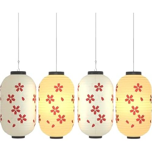 Traditional Japanese Style Beige White Silk Cherry Blossom Lantern 8 x 14 Inch, ZUEXT Set of 4 Waterproof Indoor Outdoor Festival Theme Birthday Party Home Yard Lanterns Japanese Eateries Decor