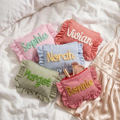Personalized Bridesmaid Makeup Bag, Gingham Ruffle Pouch, Chenille Name, Bridal Party Favor, Wedding Getting Ready Gift