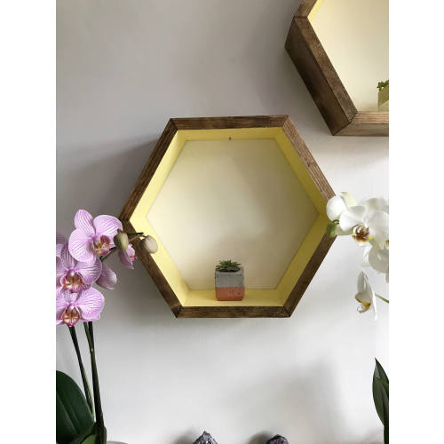 Large hexagon shelf, hexagonal cubbies, hexagon cubbie, wall shelf, yellow shelf, honeycomb shelf, brown shelf, floating shelf