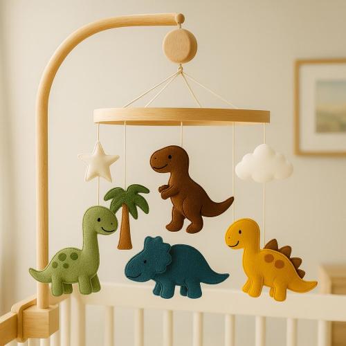 Dinosaur Baby Mobile – Handmade Felt Crib Mobile with T-Rex, Triceratops & Volcano, Nursery Decor, Baby Shower Gift