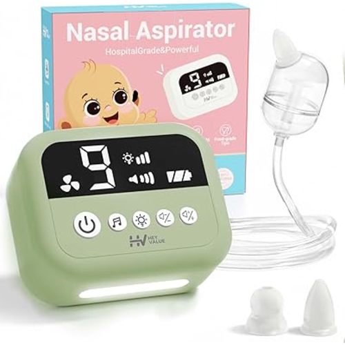 HEYVALUE Nasal Aspirator for Baby, Hospital Grade Nose Sucker with 9 Levels Suction, Night Light and Nursery Rhyme Soothing, Electric Nose Suction for Baby with Food-Grade Silicone Tips Green