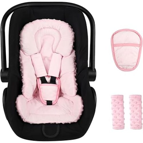 Infant Car Seat Insert Boy Girl, 3 in 1 Newborn Carseat Insert with Strap Pads, Car Seat Head Support for Baby Strollers, Swings, and Bouncers, Comfortable and Machine Washable, Pink