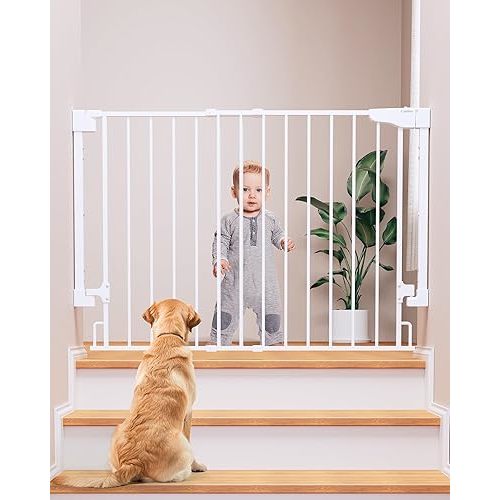 Cumbor 29.2-43" No Bottom Bar Baby Gate for Stairs, 2-in-1 Hardware Mounted Dog Gate Indoor, Auto Close Pet Gate for Doorways with Large Walk Thru Door, Wide Child-Proof Safety Gates for Kids (White)