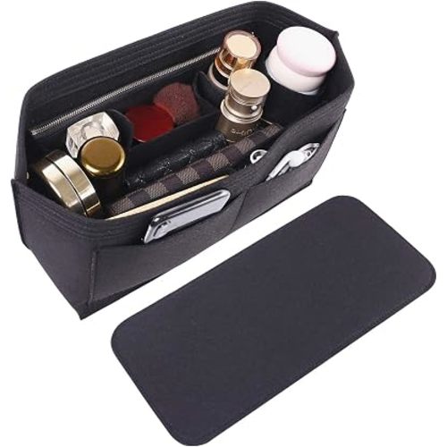 Doxo Purse Organizer Insert for Handbags & Base Shaper 2pc Set, Felt Neverfull MM Organizer Insert, Tote Bag Organizer with Zipper Pocket and Bottle Holder, Fit Speedy 30 Neverfull MM and More,Black-L