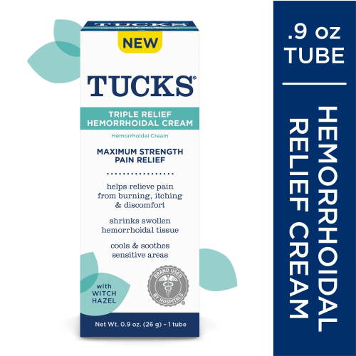 TUCKS® Triple Relief Hemorrhoidal Cream, Maximum Strength Pain Relief for Hemorrhoids, 0.9oz (26g) HSA/FSA Eligible