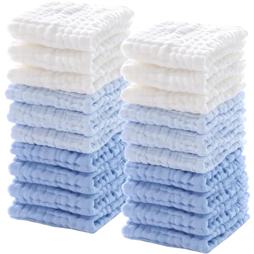 Breling 20 Pcs Baby Muslin Washcloth 12 x 12 Inch 100% Cotton Soft and Absorbent Muslin Washcloth Burp Cloth Wipe Newborn Face Towel for Baby Boy Girl Sensitive Skin(White, Light Blue, Blue)