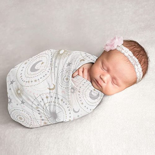 Sweet Jojo Designs Star and Moon Baby Girl Swaddle Blanket Jersey Stretch Knit for Newborn or Infant Receiving Security - Blush Pink, Gold, and Grey Celestial