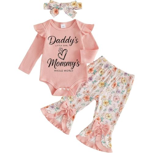 Newborn Baby Girl Outfit Hello World Romper Floral Flare Pants Set