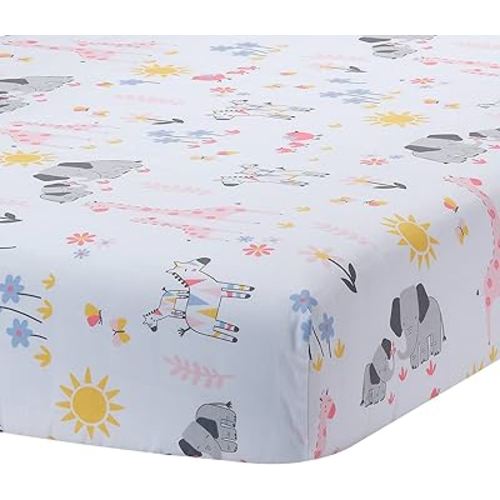 Lambs & Ivy Jazzy Jungle 100% Cotton Safari Baby Fitted Crib Sheet - White