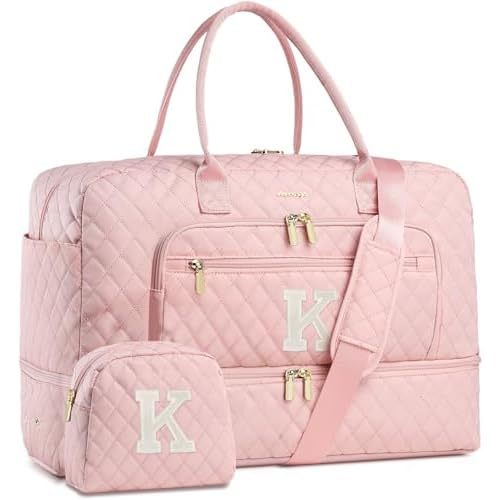 Initial Travel Duffle Bag for Women - Pink Personalized Weekender bags Overnight Bag with Shoe Compartment & Wet Pocket Weekend Tote Bags with Toiletry Bag Monogram Christmas Gifts (Letter K)