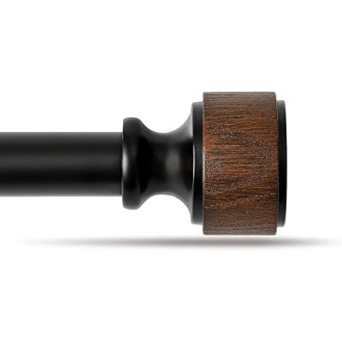 Wood Curtain Rods for Windows, Heavy Duty Adjustable Curtain Rod, 1-Inch Diameter Decorative Drapery Rod with Faux Wood Grain Finials, Black with Walnut, Modern Luxe Design (18"- 45")