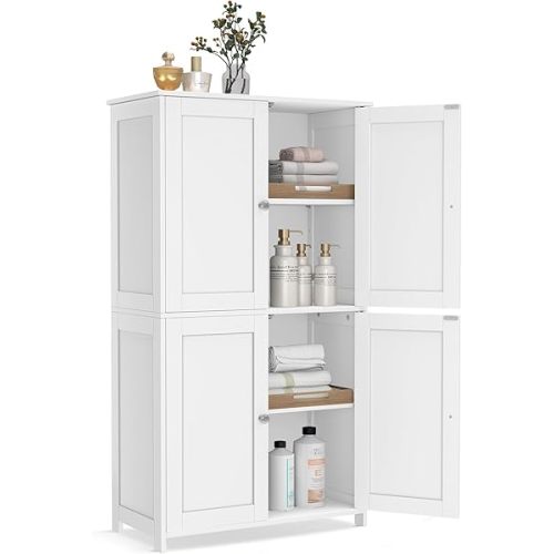 VASAGLE Floor Storage Cabinet, Shaker Cabinet with 2 Adjustable Shelves, 4 Doors, Tall Freestanding Organizer Unit, for Kitchen Bathroom Living Room, Cloud White UBBC553WH01S