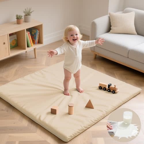 Huloo Sleep Baby Play Mat 50x50 Inches,1.3" Thick Padded Waterproof Floor Cushion & Playpen Mat with Vegan Leather,Non-Slip & Non-Toxic Nursery Rug for Infants, Toddlers & Kids(Beige)
