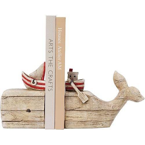 Guichifun Whale Decorative Bookends Book Holder - Distressed Finish Resin Cute Bookend Set with Sailboat Nautical Book Shelf Decor for Living Room Office Home Decoration Gift 11.8 X 3.9 X 6.5 inch
