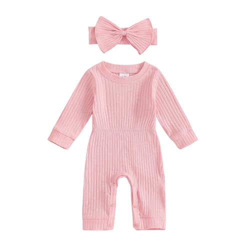 Winioder Newborn Baby Girl Fall Clothes Ribbed Long Sleeve Romper Jumpsuit with Headband Infant 2Pcs Coming Home Outfit
