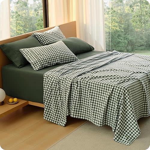 Bedsure Gingham King Sheet Set 6 Piece - 100% Washed Cotton Linen Feel, 18" Deep Pocket Breathable Checkered Yarn-Dyed Plaid Bedding, Farmhouse & PureWoven Comfy Bed Sheets (Olive Green, King)