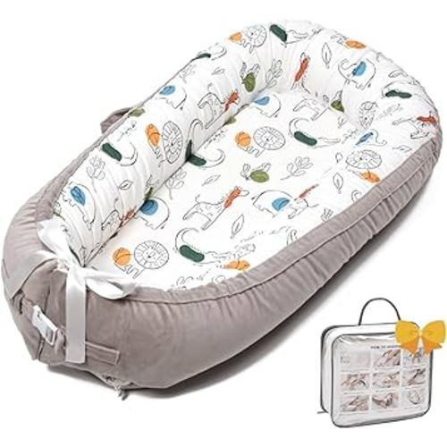 Baby Lounger-Breathable and Soft Organic 100% Cotton, Portable Infant Lounger with Removable Lounger Cover, Floor Lounger for Newborn - Crocodile & Elephant