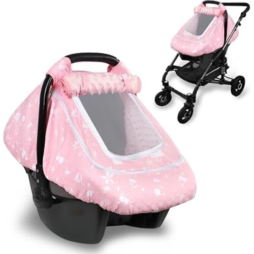 Baby Car Seat Cover for Girls, Infant CarSeat Covers with Mesh Man Fai Sky, Multi-Functional Newborn Canopy Breathable for Summer Winter, Windproof & Universal Fit, Flower