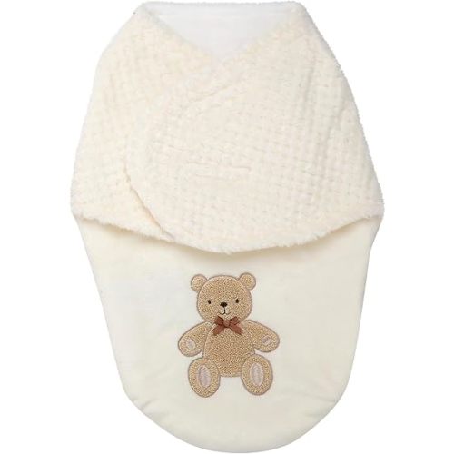 Ultra Soft 2 Ply Plush Swaddle Blanket with Embroidery for Baby, Cream with Bear Embroidery, 0-3M