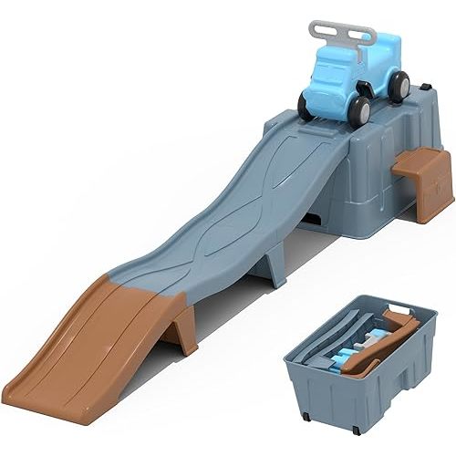 HAPPYMATY Up & Down Roller Coaster,Kids Ride On Toy,Toddler Push Car with Assembled Race Track & Storage Base Box, Indoor Outdoor Playset