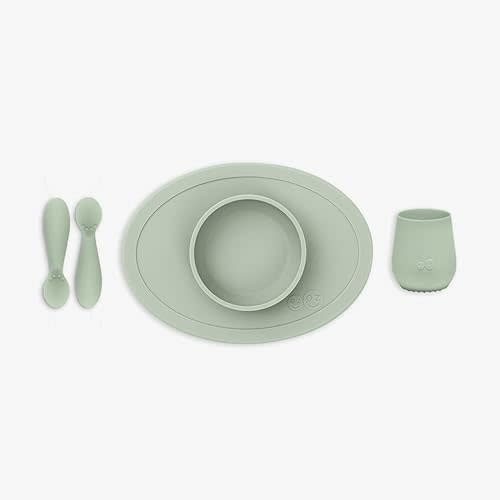 ezpz First Foods Set for Babies – Suctioning Bowl, Cup, & Spoons for Self-Feeding & Fine Motor Skills Development – 100% Food Grade Silicone, Dishwasher Safe – Perfect for 4 Months Plus (Sage)