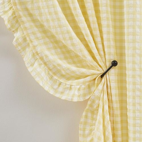 ZJDECOR Yellow White Buffalo Plaid Ruffle Curtains 63 Inches Long,Woven Crinkled Not-See-Through Sheer Drapes,Rustic Shabby Chic Window Treatment for Bedroom Living Room,Rod Pocket,40"Wx63"L,Pack of 2