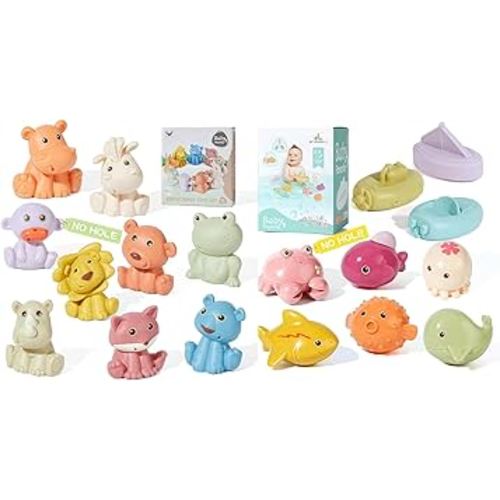 18 PSC Bath Toys Set - No Hole Animals and Float Boats Bath Toys for Babies 6-12 Months, Mold Free Baby Pool Bathtub Toys Presents for Preschool Toddlers Boys Girls