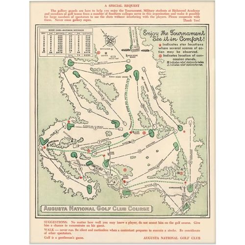 Vintage Augusta National Golf Club Course Map 1954 Art Print - 16" x 20" Unframed Print Poster - Retro Map Vintage Decor, Golfing Shop Wall Decor, Man Cave or Bar Art Poster, Gift for Golfers