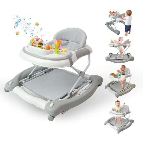 5 in 1 Baby Walker, Music and Lights Walker for Baby Boy Girls 6-12 Months, Foldable Baby Walkers with Wheels and Bouncer Combo Portable, Toddler Infant Walker with Adjustable Height