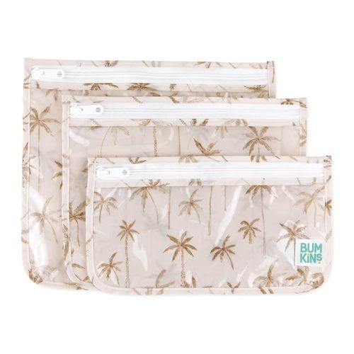 Bumkins Travel Bag, Toiletry, TSA Approved Pouch, Zip Bag, Quart Size Airline Compliant, Clear-Sided, Baby, Diaper Bag Organization, Makeup, Accessories, Packing, Set of 3 Sizes, Palm Trees
