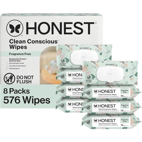 The Honest Company Clean Conscious Unscented Wipes | Over 99% Water, Compostable, Plant-Based, Baby Wipes | Hypoallergenic for Sensitive Skin, EWG Verified | Geo Mood, 576 Count