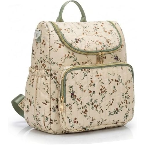 Lushandy Quilted Diaper Bag Backpack, Compact Floral Diaper Backpack Purse with Stroller Straps Baby Travel Hospital Bag