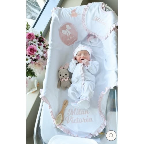 White with Piglet Pink Polka Dot Personalized Baby Coming Home Set – Caprilina